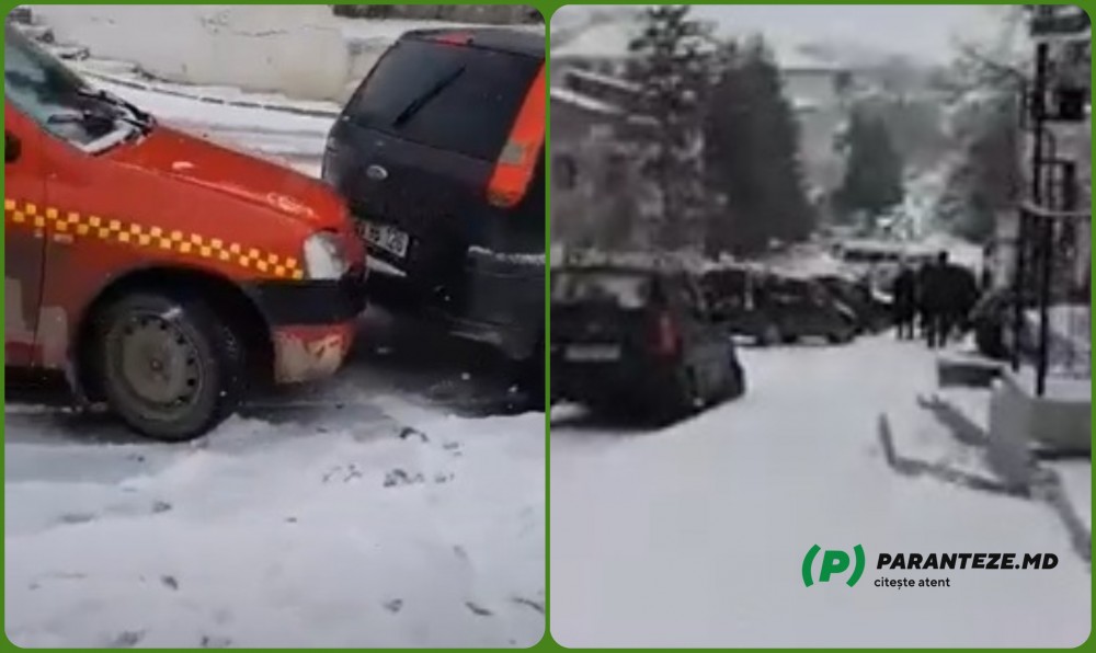 VIDEO // CARAMBOL la Hâncești. Aproximativ 10 mașini s-au ciocnit în lanț din cauza zăpezii